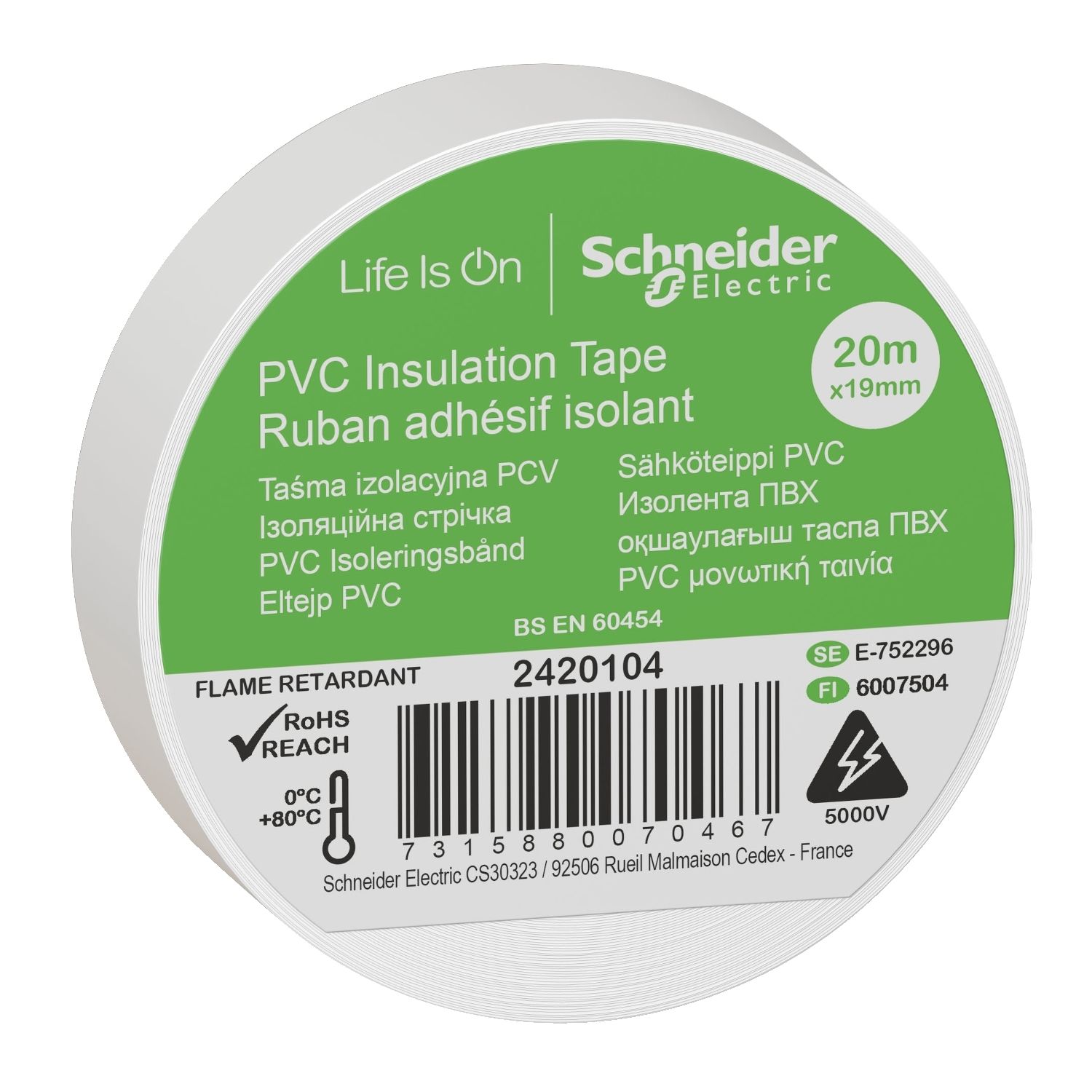 Schneider Electric 2420104 Beyaz İzole Bant 19mm x 20 Metre 8'li Paket