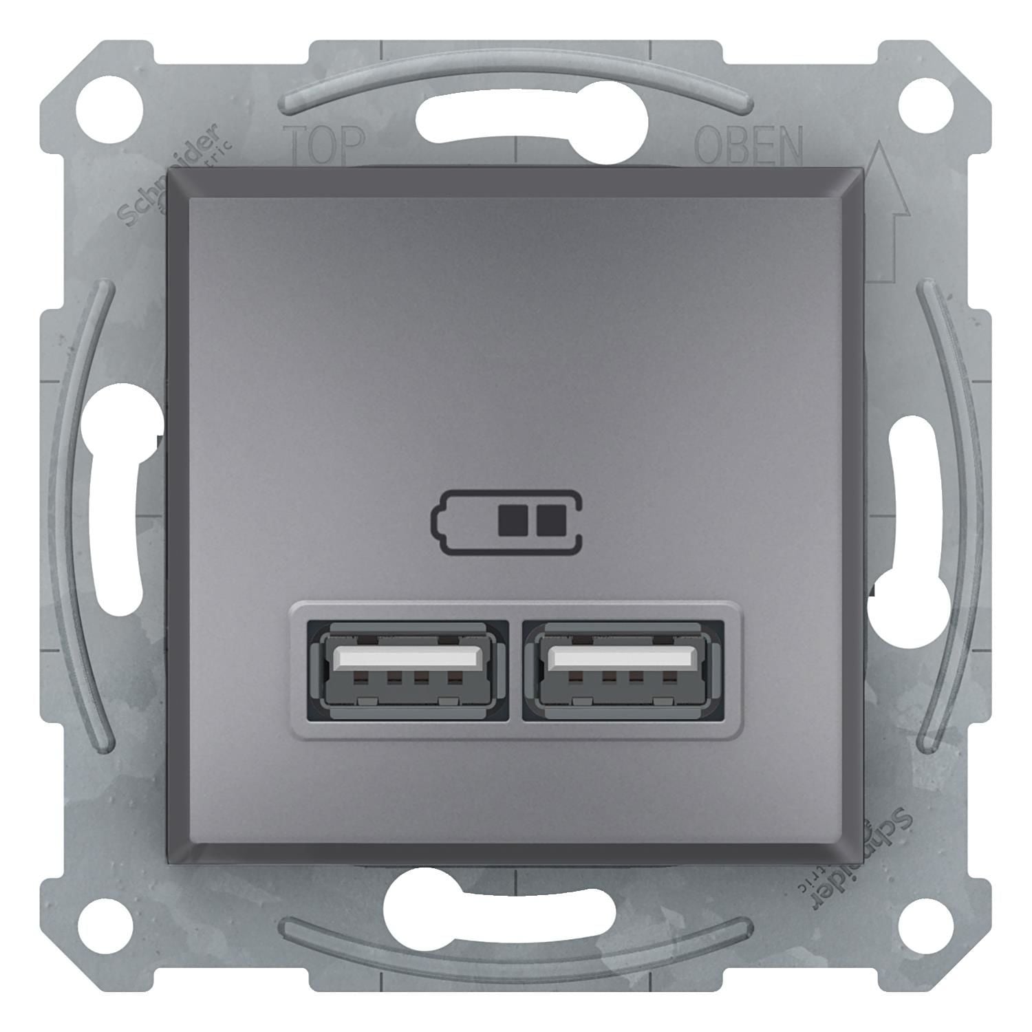 Schneider EPH2700262 Asfora Çelik 2'li USB Prizi 2.1A
